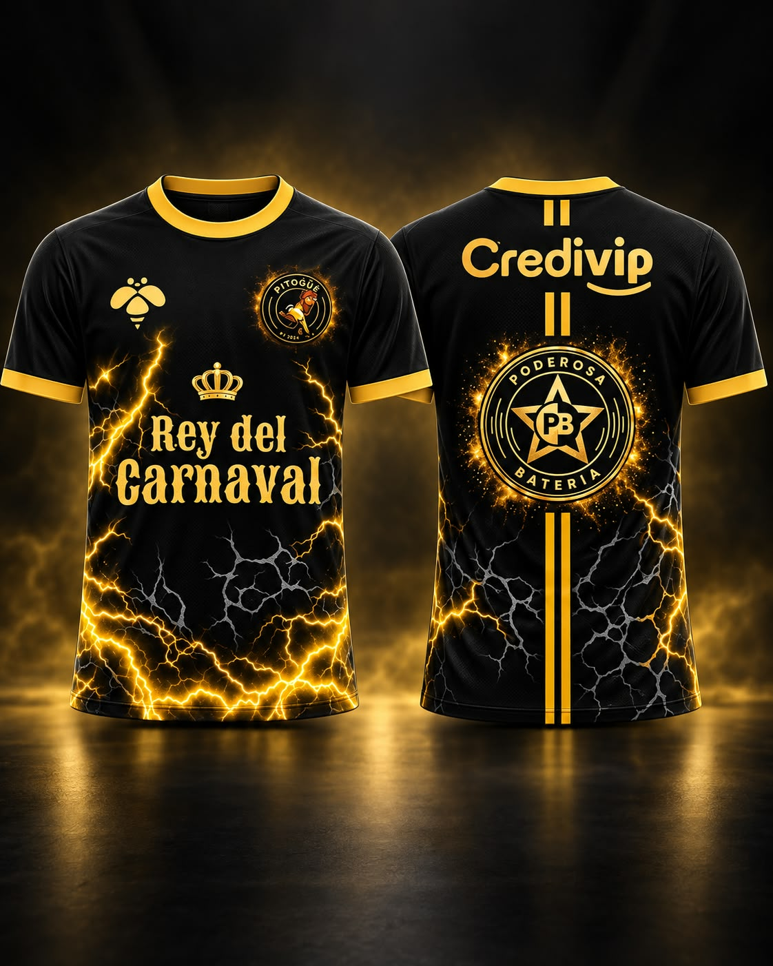 Frente y espalda de la Remera Oficial Poderosa Batería 2027, negra con detalles dorados